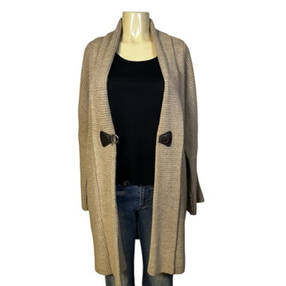 Soft Surroundings Cardigan Sweater Womens Medium Beige Waffle Knit Toggle Strap - Picture 4 of 11